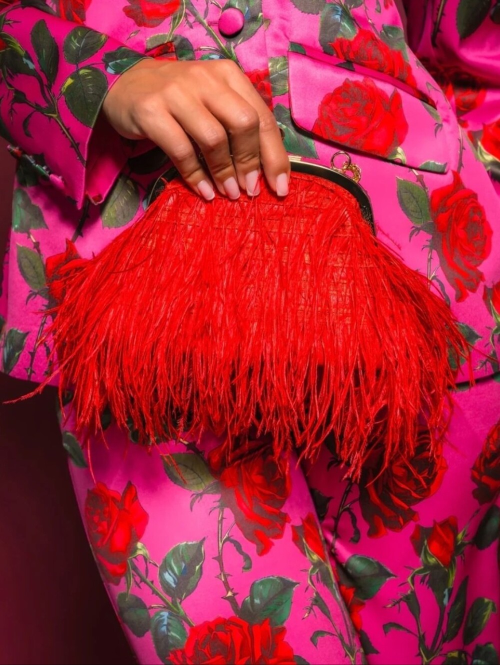 Red Feather Fringe Clutch - Designer Evening Bag